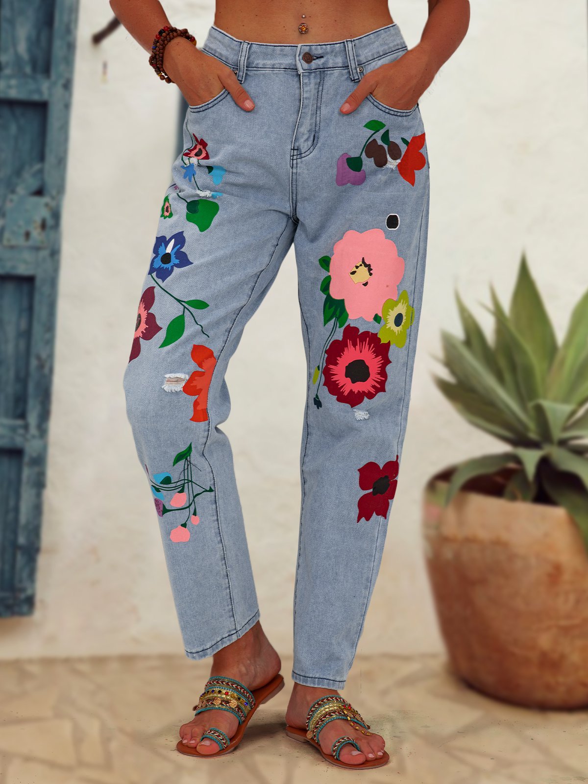 Denim Floral Casual Jeans justfashionnow