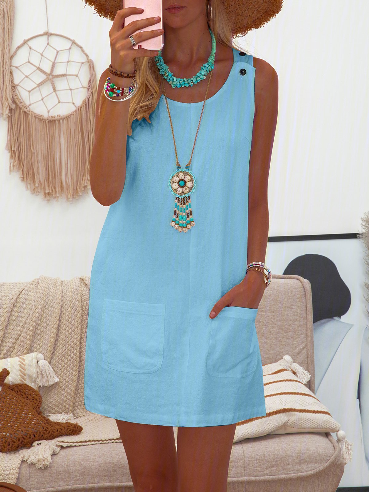 Women's Summer Sleeveless Dress – Comfortable Crew-Neck Mini Dress With Pockets, Loose Fit (Khaki, X-Large)