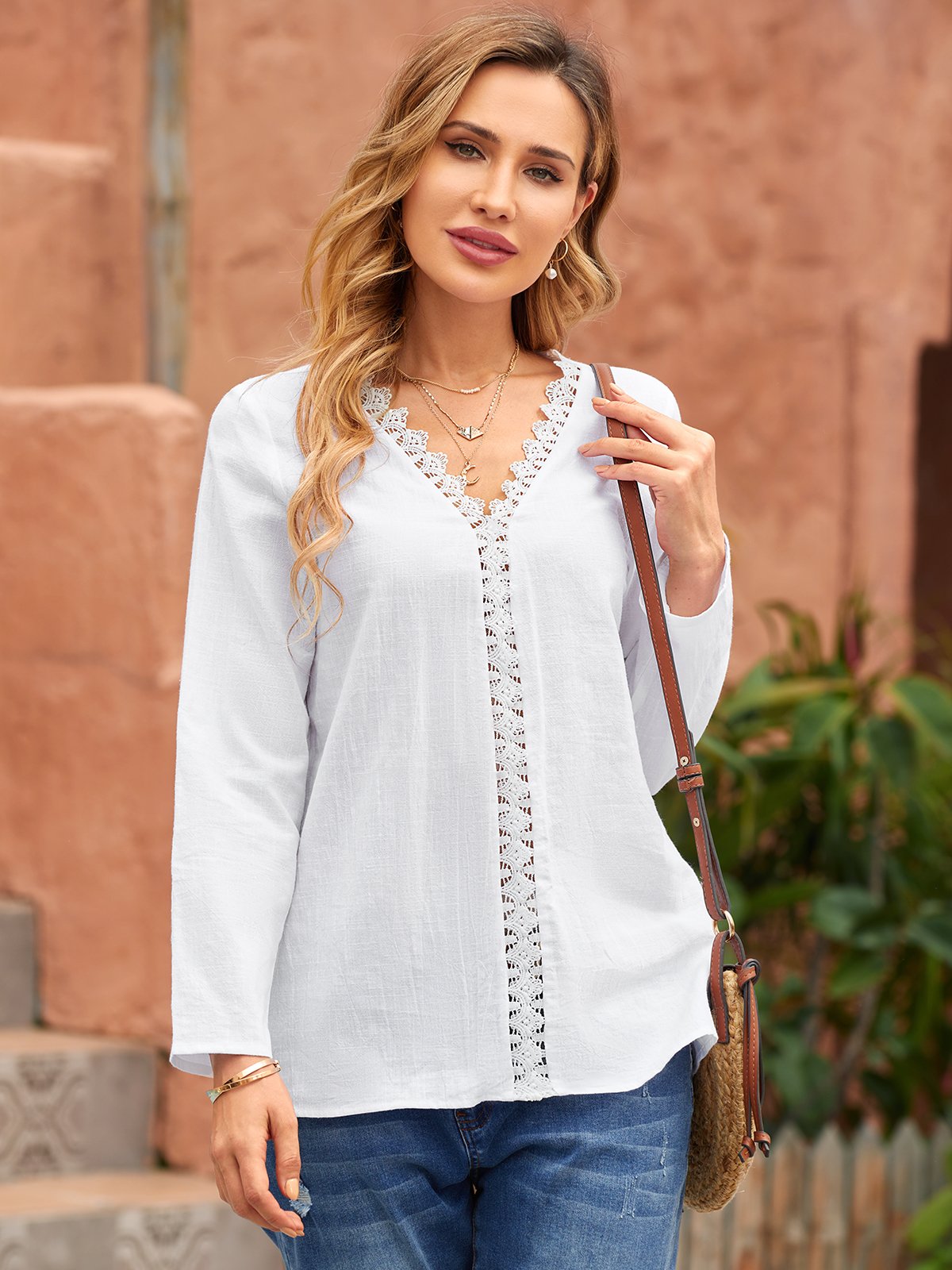 Solid Paneled Long Sleeve V Neck Shirts & Tops | justfashionnow