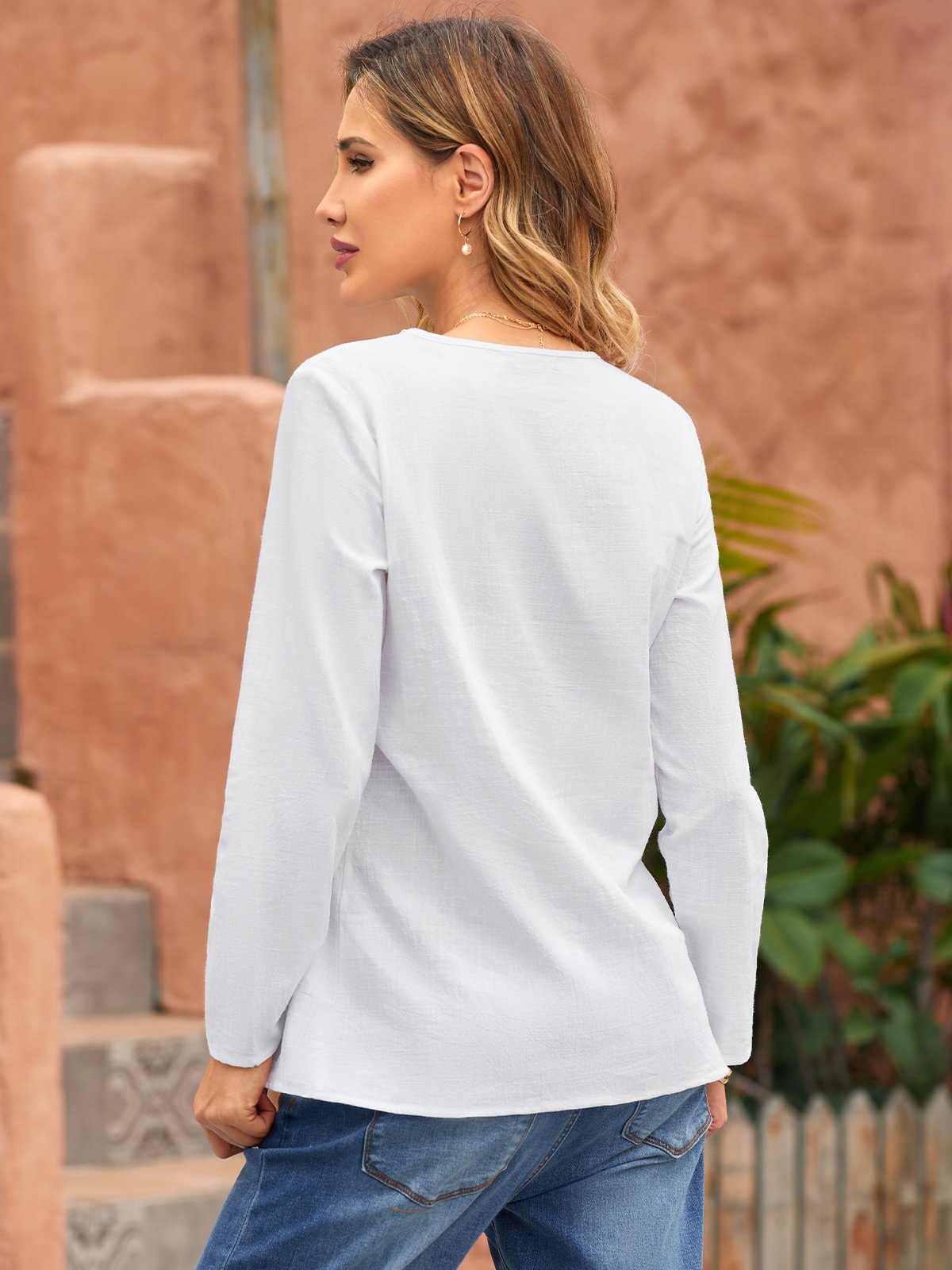 Solid Paneled Long Sleeve V Neck Shirts & Tops