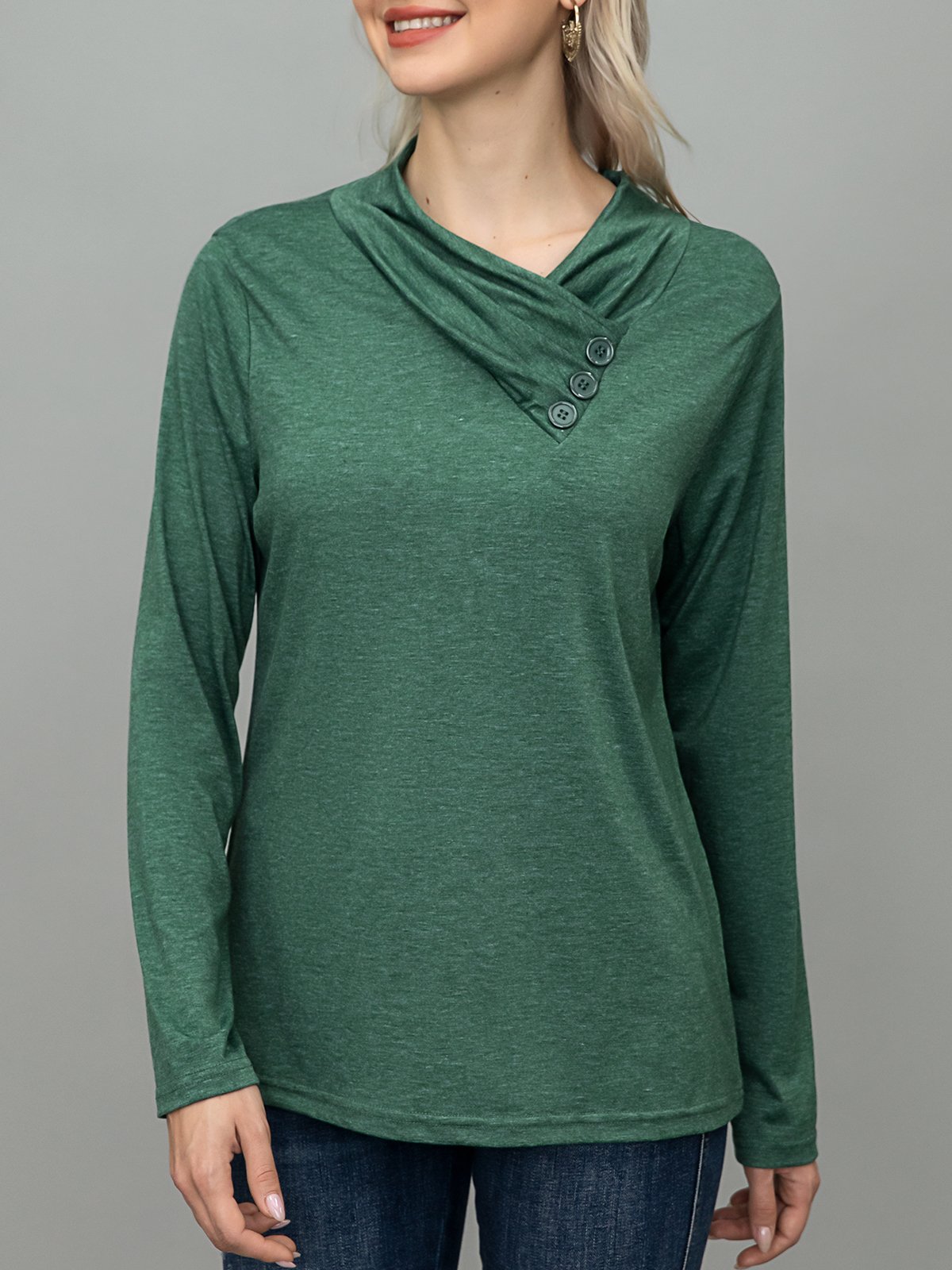 JFN Women Asymmetrical Half Turtleneck Solid Green Tunic Top