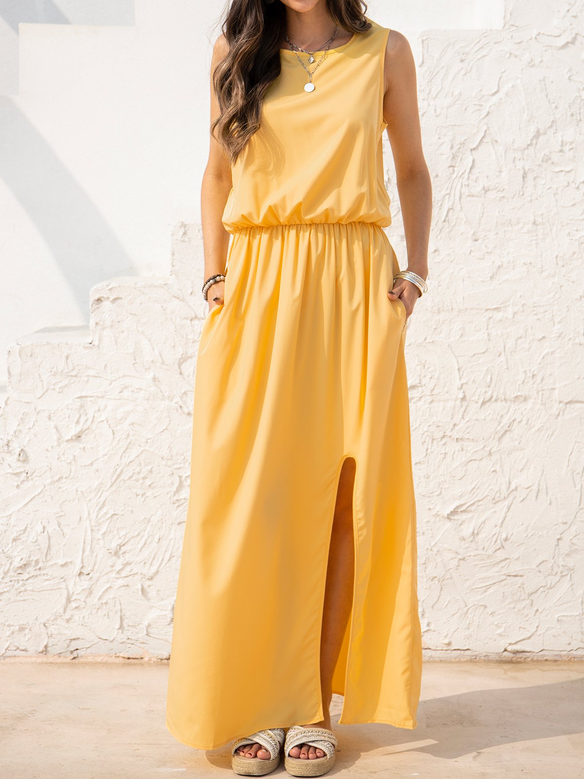 JFN Round Neck Solid Vacation Maxi Dresses 