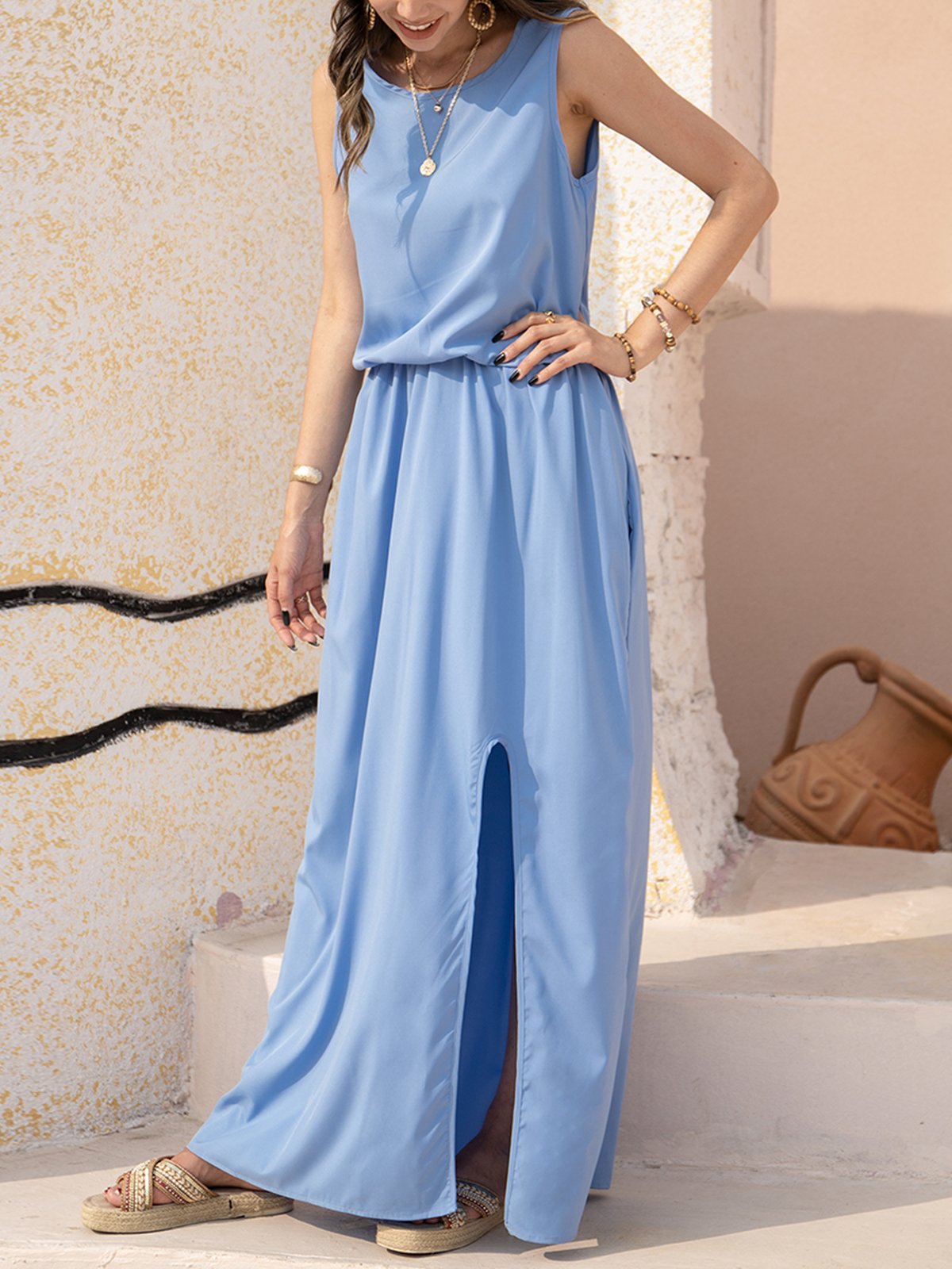 JFN Round Neck Solid Vacation Maxi Dresses 
