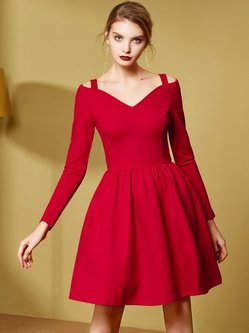 Solid V Neck Folds Long Sleeve Elegant Dress