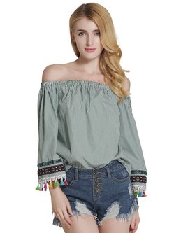Tassel Stripes 3/4 Sleeve Polyester Off Shoulder Top