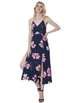 Slit Sexy Spaghetti Floral-print Chiffon Dress
