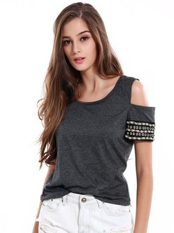 Gray Crew Neck Beaded Cold Shoulder Top Gray Crew Neck Beaded Cold Shoulder Top
