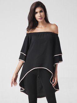 Black Off Shoulder Binding Solid High Low Tunic Top