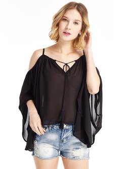 Black Flared Sleeve V Neck Solid Chiffon Cold Shoulder Top