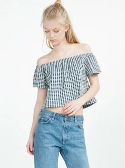 Blue A-line Checkered Girly Off Shoulder Top