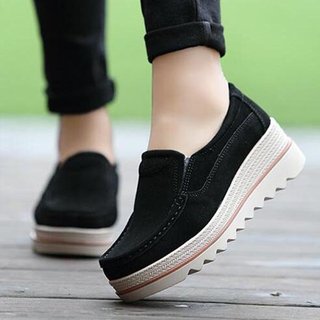 womens breathable suede round toe slip on platform shoes