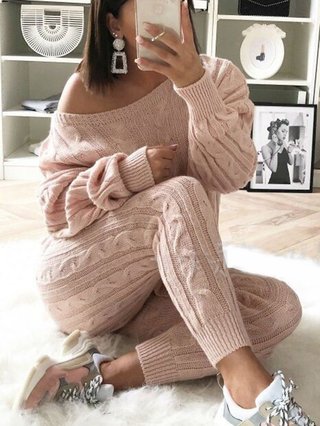 2018 Women S Stylish Round Neck Two Piece Casual Warm Knit Wear