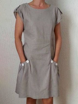 Summer Linen Pockets Buttoned Shift Holiday Casual Dresses
