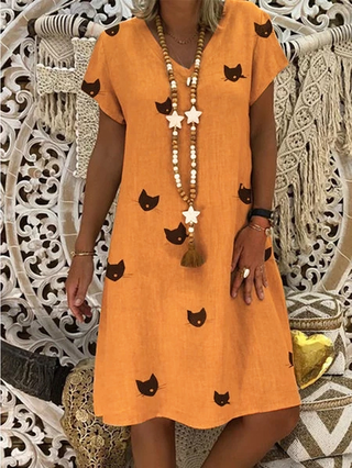 Summer Dresses Women Casual Cotton Animal Shift V Neck Short