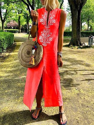 Kaftan Shift Women Daytime Sleeveless Casual Slit Geometric Summer