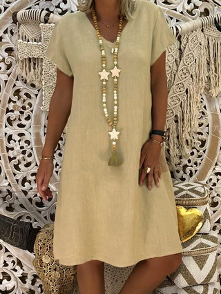 Plus Size Women Summer Casual Solid Shift V Neck Short Sleeve