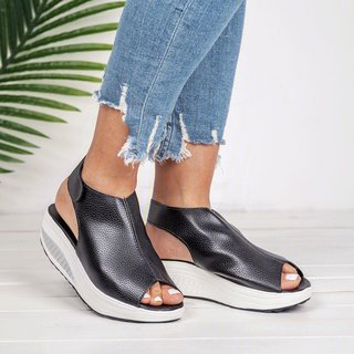 Black Magic Tape Microfiber Leather Wedge Heel Sandal