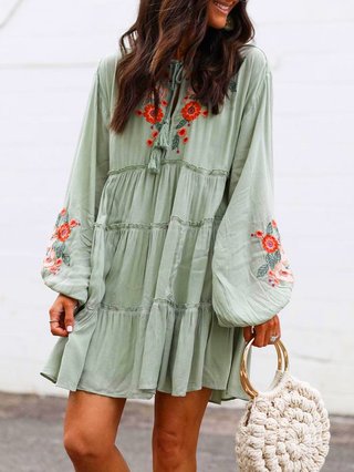 Plus Size Long Sleeve Floral Tassel Charm Elegant Casual Mini