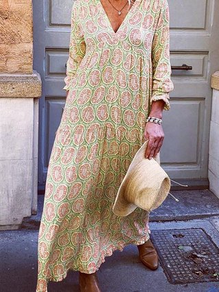 Summer V Neck Women Floral Print Holiday Bohomian Abstract Dresses