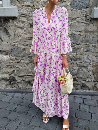 purple floral frill maxi dress