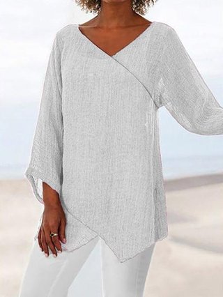 V Neck Linen Long Sleeve Shirts Blouses Justfashionnow Com