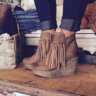 Justfashionnow Boots Wedge Booties Tassel Round Toe Wedge Heel