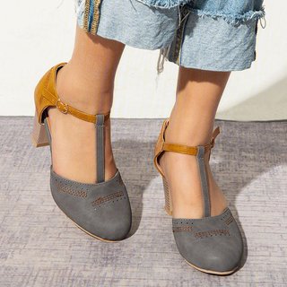 women vintage color block sandals casual chunky heel buckle shoes