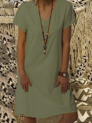 Plus Size Women Summer Casual Solid Shift V Neck Short Sleeve