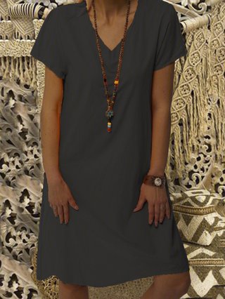 Plus Size Women Summer Casual Solid Shift V Neck Short Sleeve