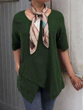 Pockets Half Sleeve Asymmetrical Casual Blouses Without Scarf