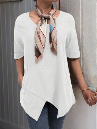Pockets Half Sleeve Asymmetrical Casual Blouses Without Scarf