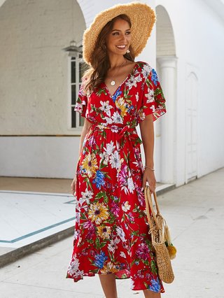 Justfashionnow Sundress Floral Dresses Holiday Shift V Neck Boho Printed Short Sleeve Dresses