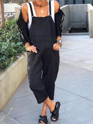 Black Square Neck Sleeveless Cotton Blend Jumpsuits Rompers