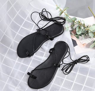 Justfashionnow Sandals Lace Up Flat Heel Round Toe Black Gladiator