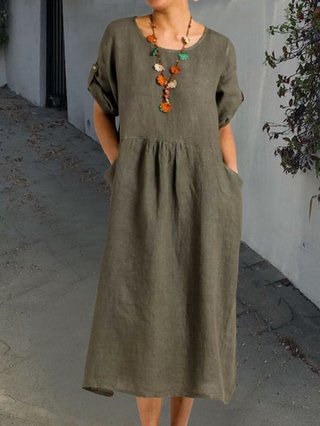Solid Pockets Midi Dress 3 4 Sleeve Dresses Justfashionnow Com