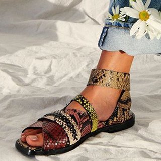 Justfashionnow Sandals Snakeskin Square Toe Adjustable Buckle Low