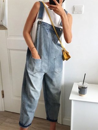 As Picture Casual Square Neck Denim Plain Jumpsuits Rompers