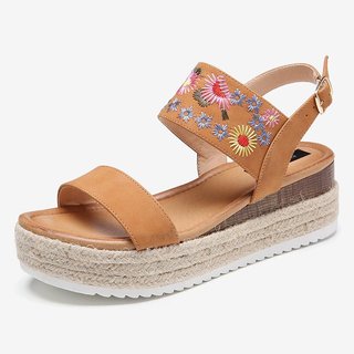 Justfashionnow Sandals Open Toe Brown Embroidery Casual Platform