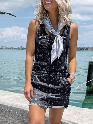 Black Denim Printed Spaghetti Strap Geometric Jumpsuits Rompers