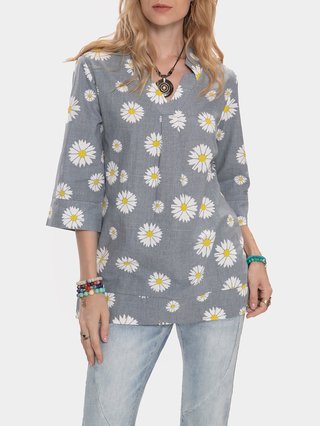 gray half sleeve v neck floral cotton blend shirts blouses justfashionnow