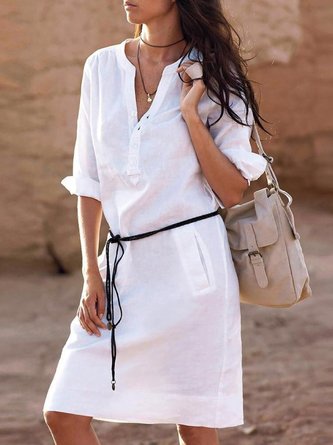 Stand Collar  Women Daytime Half Sleeve Basic Pockets Solid Summer Prom Dress