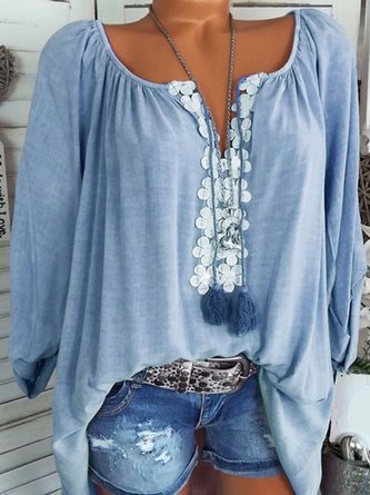 Long Sleeve Casual Solid V neck Plus Size Blouse
