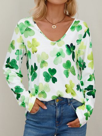 Women V Neck Natural Micro-Elasticity Long Sleeve H-Line T-shirt