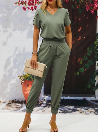 Summer Plain Loose Casual V Neck Two-Piece Set