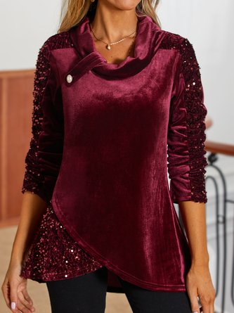 Christmas Wine Red Velvet Stitching Sequin Sweatshirt