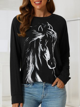 Horse Printed Raglan Sleeve Crew Neck Casual Sweatshirt