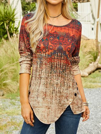 Casual Ethnic Floral Design Crew Neck Knit Long Sleeve Top