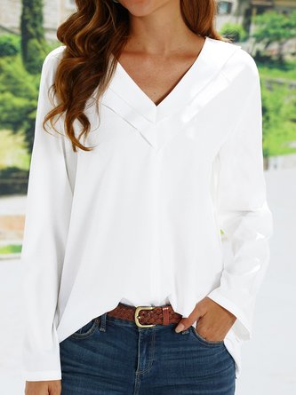 Solid Color V-neck Long-sleeved Blouse