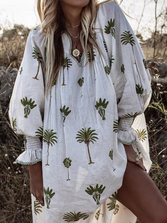 Women Casual Sundress Sexy V-neck Lantern Sleeve Floral Print Elegant Loose Bohemian Beach Dress