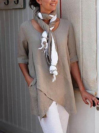 Linen Crew Neck Half Sleeve Solid Shirt & Blouses